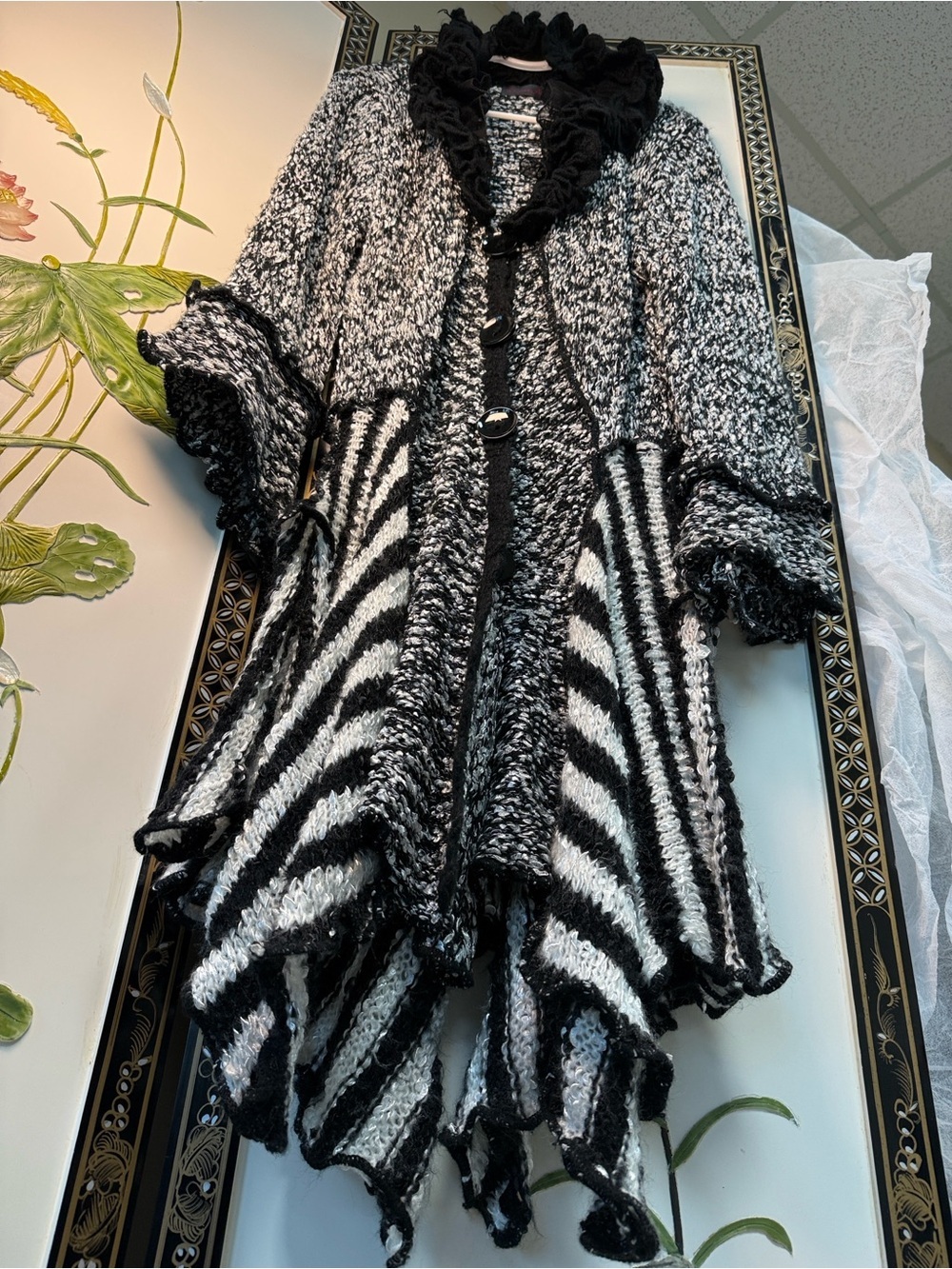 Pretty Angel Black & White Striped Ruffle-Hem Knit Cardigan, fun & WHIMSICAL 😎🖤🤍